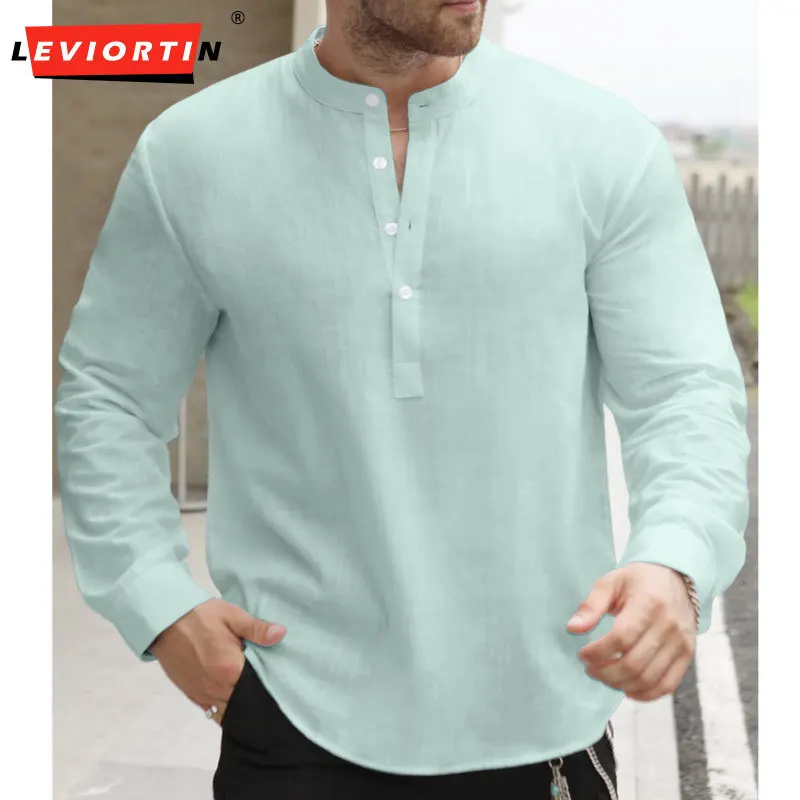 

2025 Spring and Autumn Men's Fashion Trendy Casual Lightweight Stand up Collar Half Door Loose Solid Color Long Sleeve Shirt