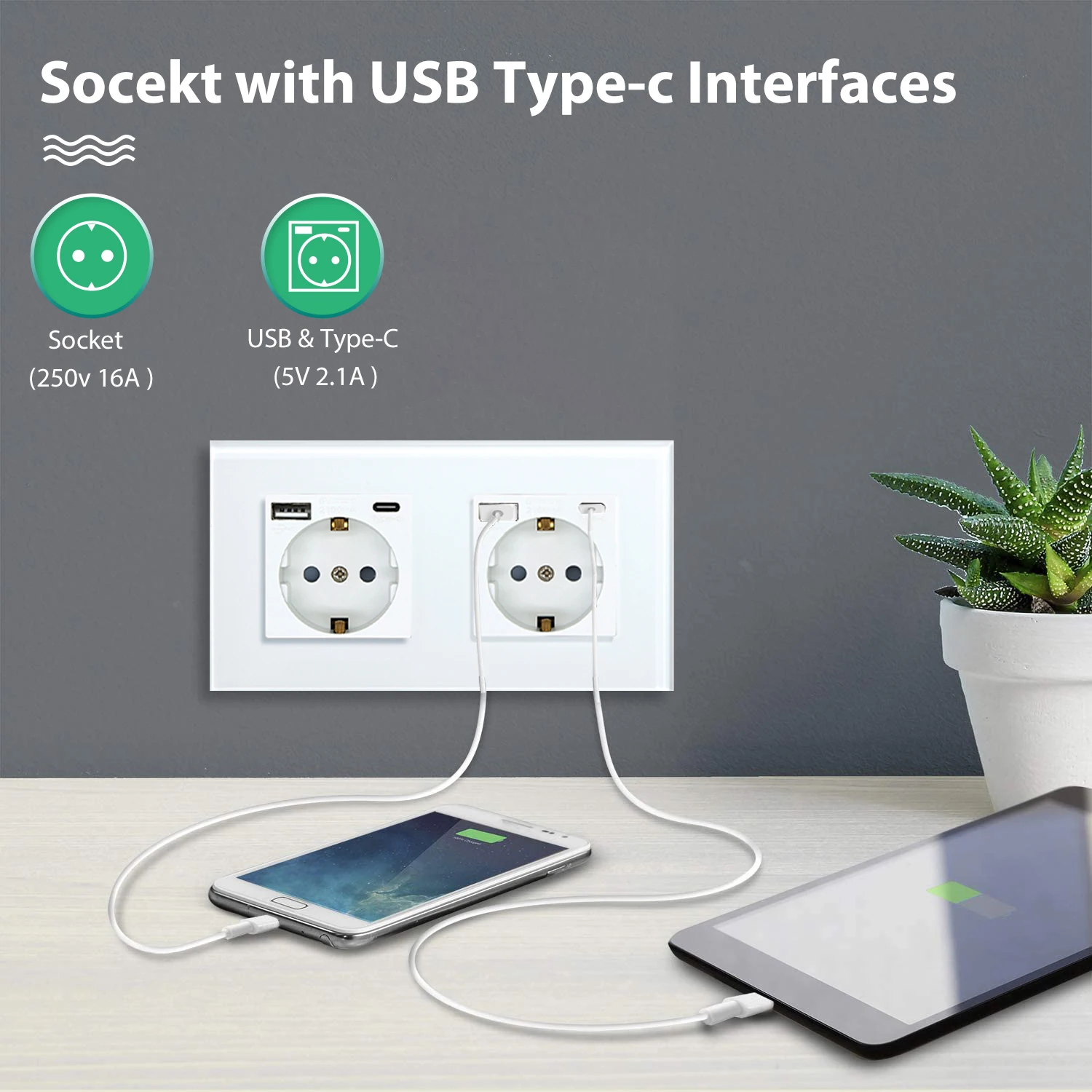 AXUS White Touch Switch With Wall Socket Sensor Light Switches Glass Panel Smart USB Socket Outlets EU Standard LED Backlight