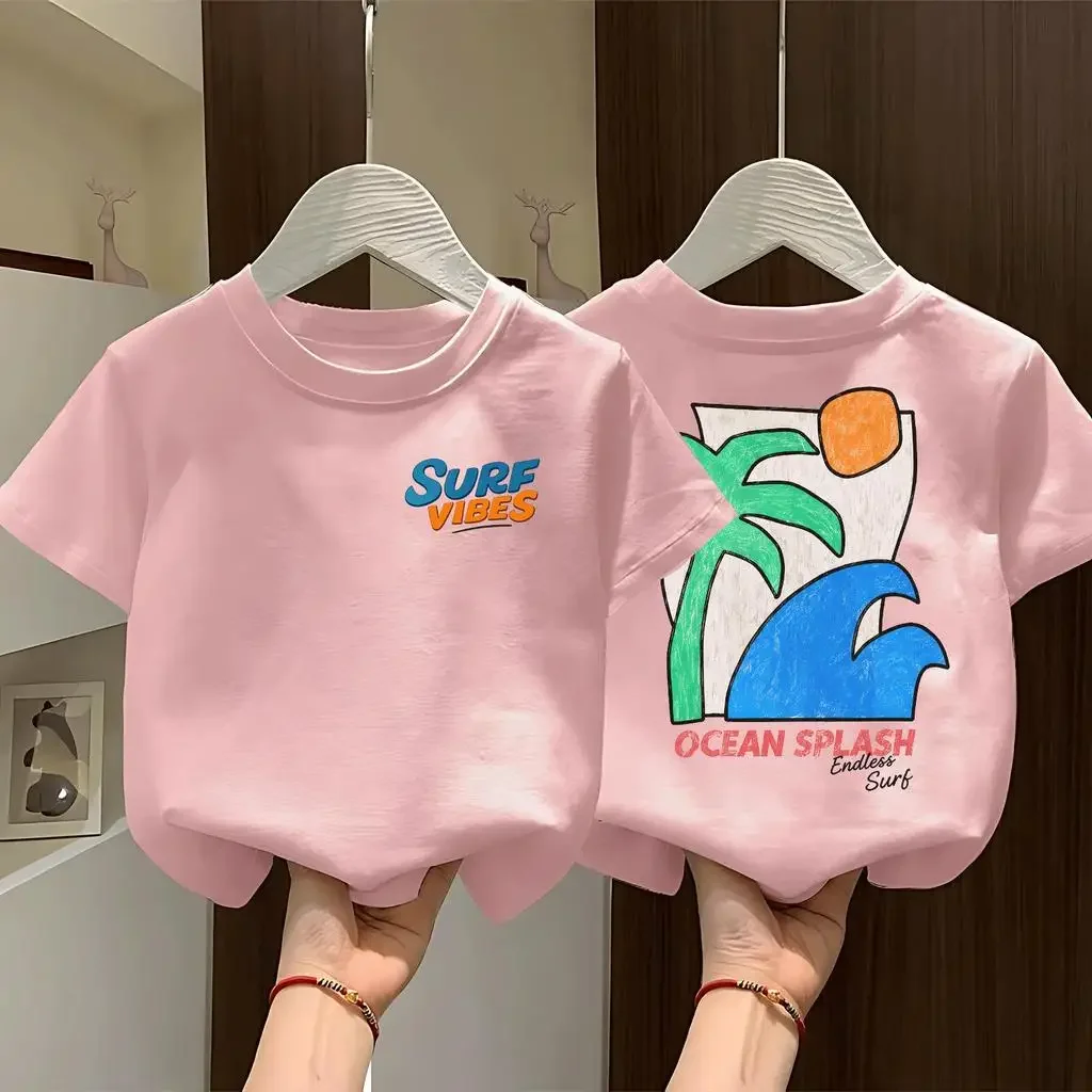 Children Summer Holiday Surf T Shirt Front Chest Logo Back Ocean Wave Palm Tree Print Short Sleeve Tops
