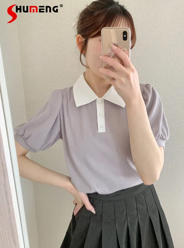 

Japanese Style Elegant Sweet Casual Commuter Tops Pearl Button Turn-Down Collar Puff Sleeve Loose Versatile T-Shirts Top Women