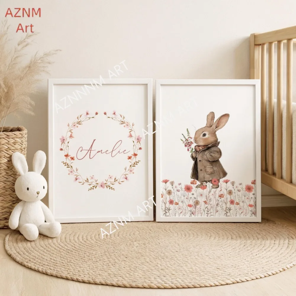 1/2Pcs Vintage Bunny Nursery Wall Art, Girl Room Decor, Floral Nursery , Canvas Painting Wall Art