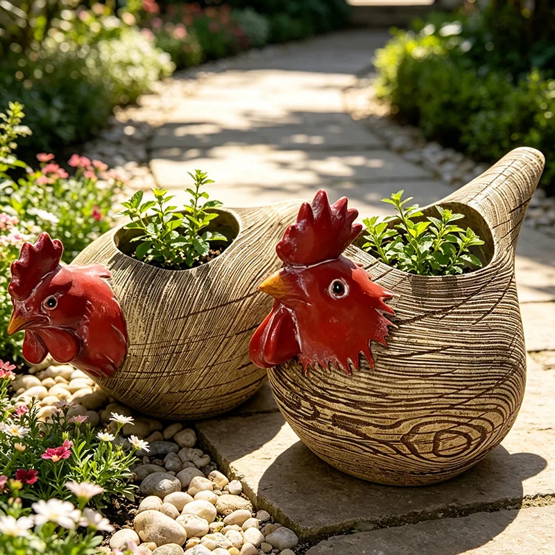 Creative Chicken Resin Flower Pot Whimsical Planter Ornament Outdoor Garden Yard Patio