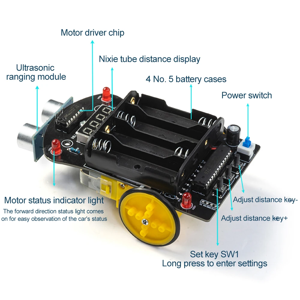 Imagem -03 - Inteligente Obstáculo Evitar Brinquedo Faça Você Mesmo Parte Solta Ferramenta Prática de Soldagem Ultrasonic Ranging Robô Inteligente Carro Estudantes