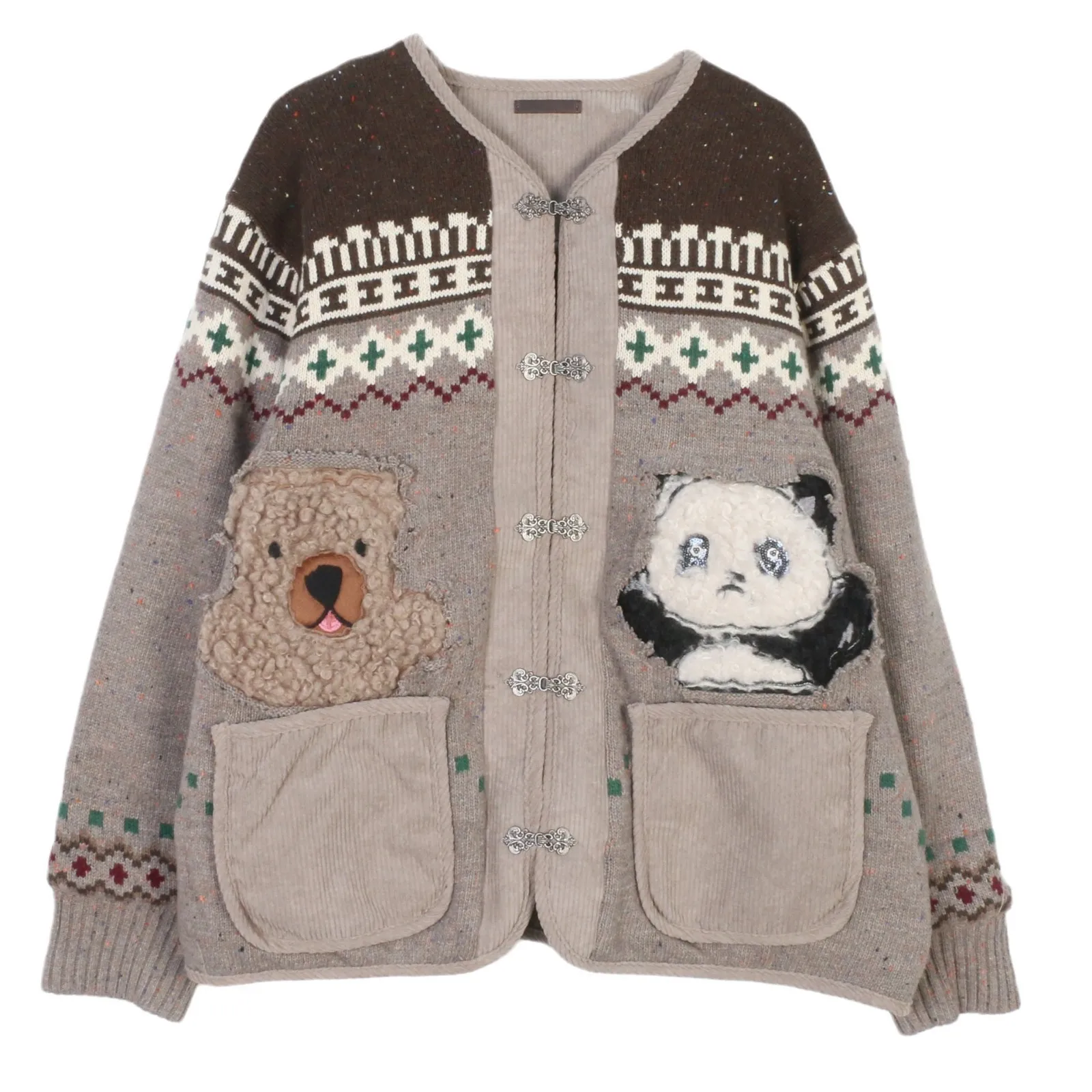 

Grey Knitted cardigan jacket women Retro 2025 autumn/winter casual loose lazy style Cartoon panda patch embroidered jacket