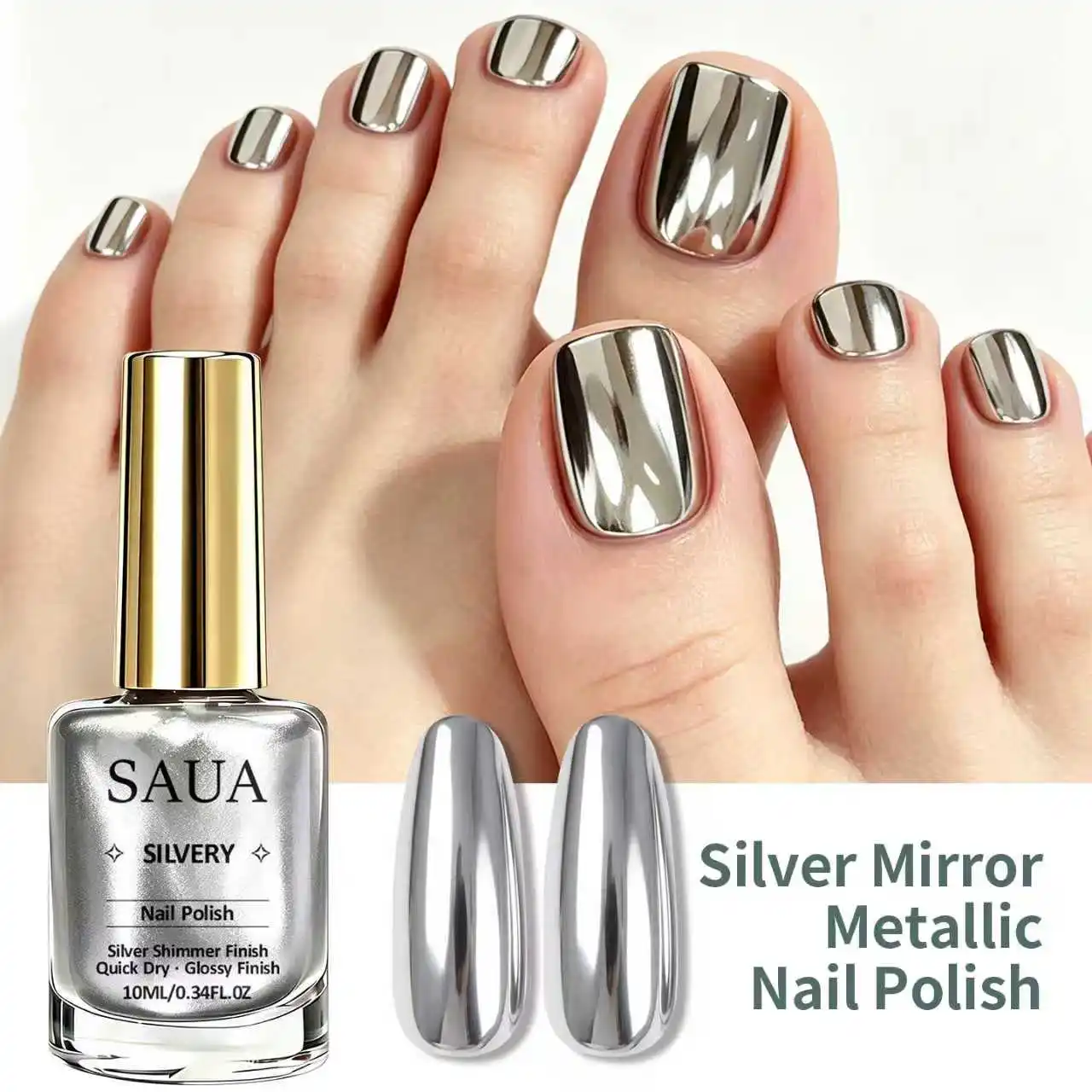 Silberner Metallic-Nagellack – schnelltrocknend, keine UV-Lampe erforderlich, spiegelähnliches Finish; die perfekte Wahl für ein Weihnachtsgeschenk. – Detail 3