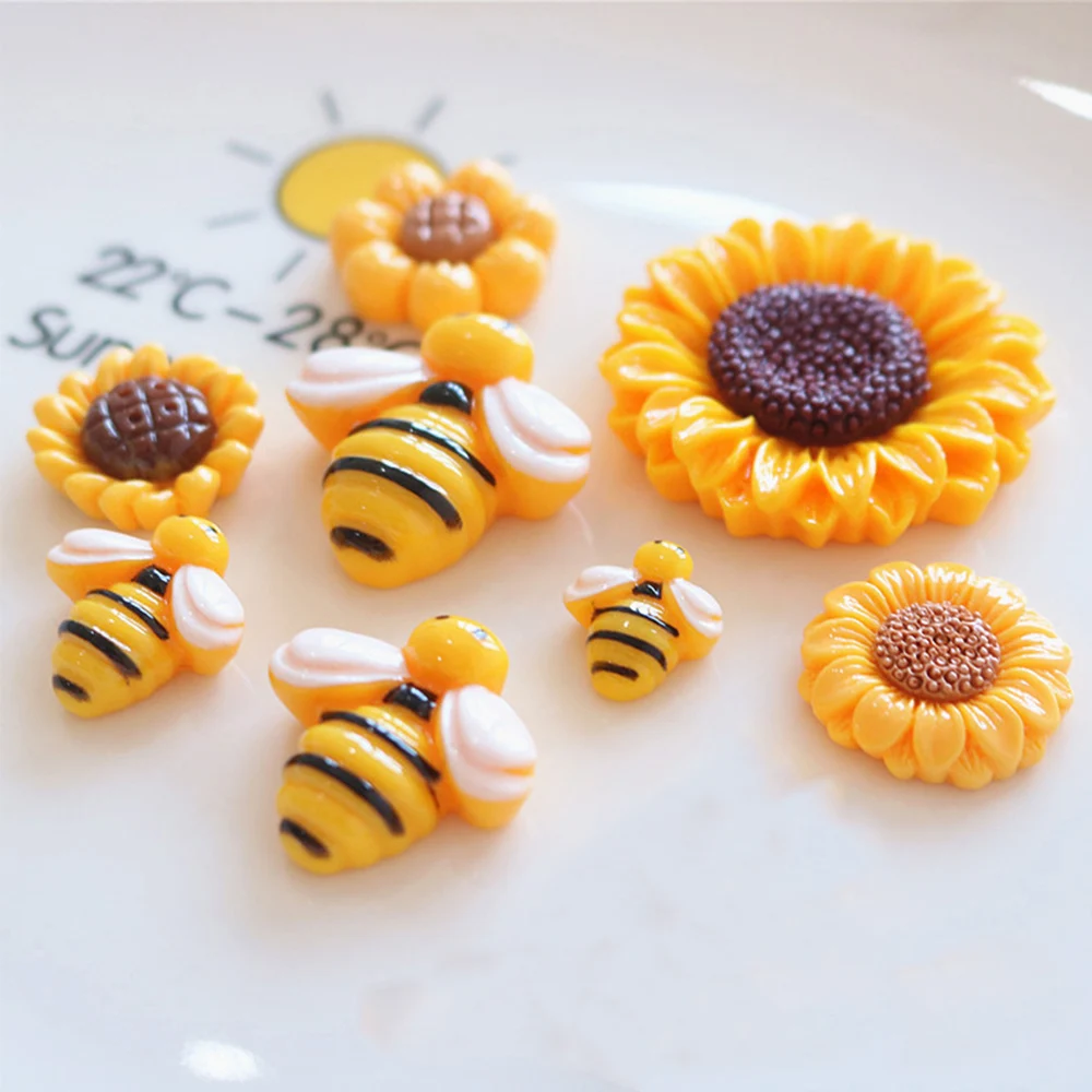 10PCS Shiny Sunflower Bee Series Miniature Flat Back Resin Cabochons For Hairpin Scrapbooking DIY Home Decor Craft Accessories