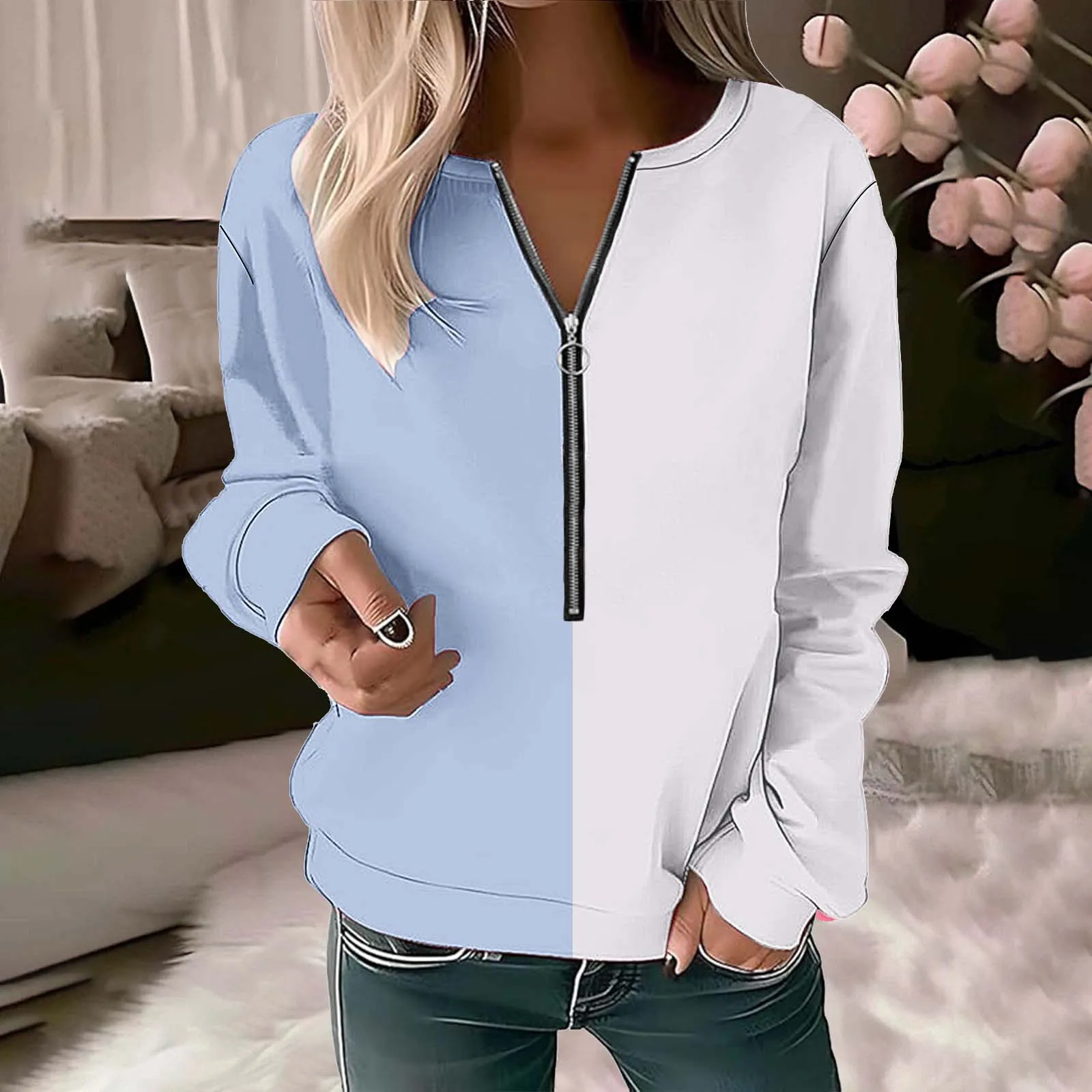 Fashion Color Matching Print Zipper Hoodie For Women Autumn Long Sleeves Pullover Sweatshirt Female Fashion Street Hoodies Woman