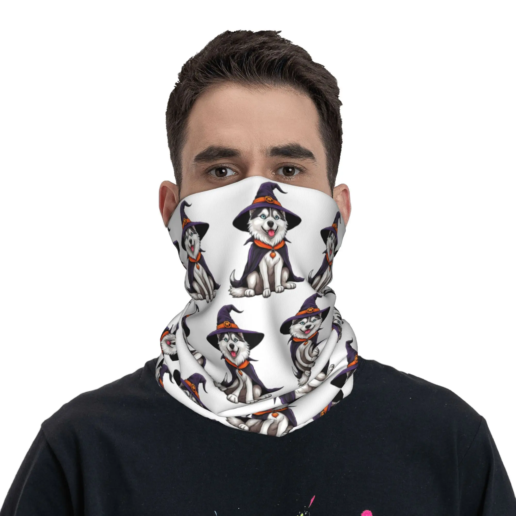 Husky siberiano, decoración de bruja de Halloween, regalo para amantes de los perros, Bandana, cubierta para el cuello, bufanda estampada para la cara, bufanda multiusos para ciclismo, senderismo y pesca