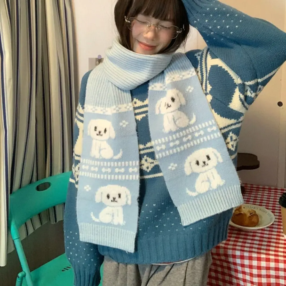 

Милый крутой вязаный шарф с рисунком кота, жаккардовый пушистый шейный платок для езды на велосипеде с щенком, повседневный зимний шерстяной шарф с защитой от холода