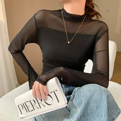 #3610 Black White See Through T Shirt Women Thin Sexy Elastic Short Tshirt Female Half Turtleneck Women's T-shirt Thin Sunscreen
