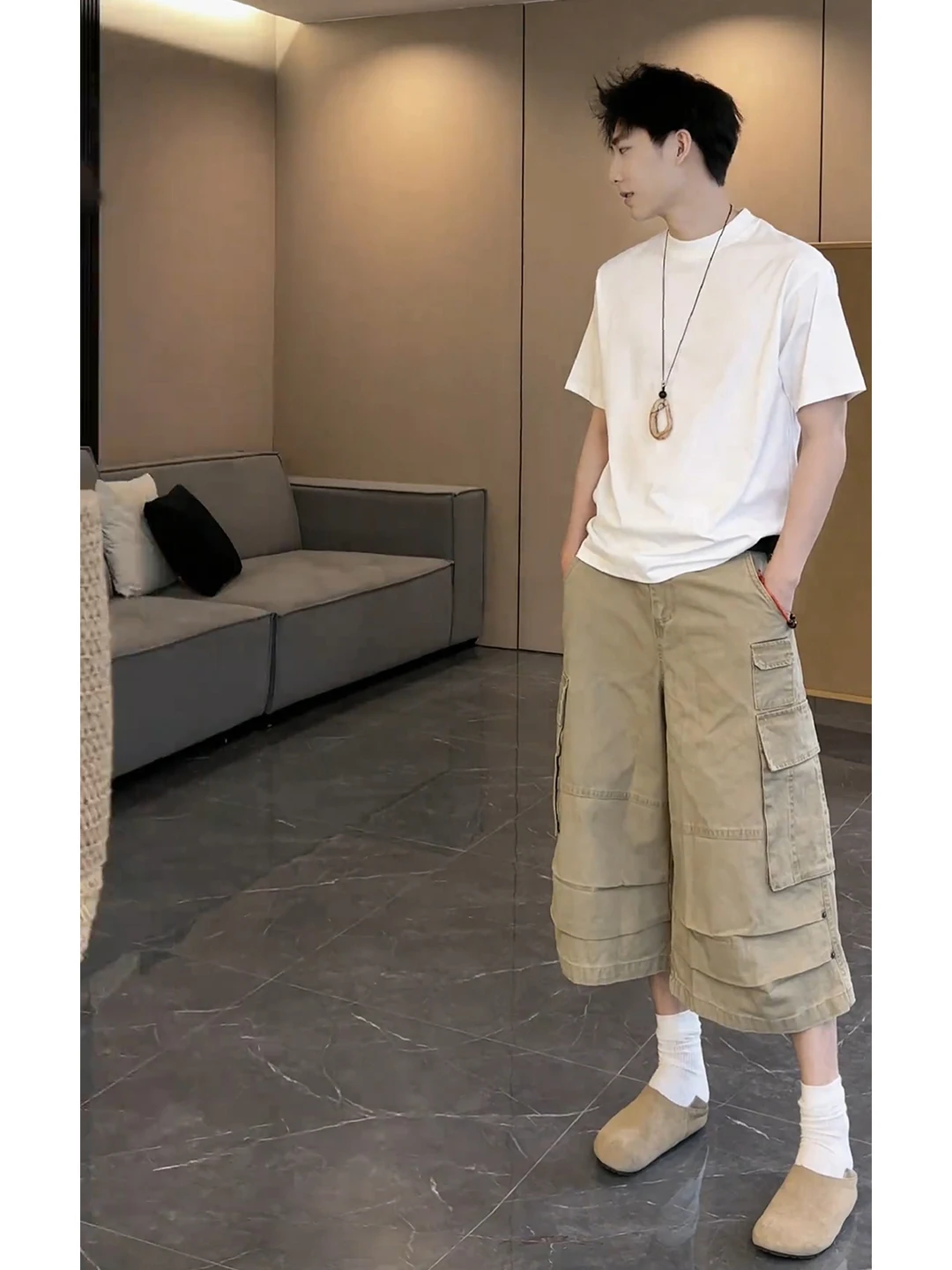 Kaki multi-ket zeven-voet jeans losse hoge taille wijde pijpen werkkleding broek voor mannen en vrouwen zomer casual broek