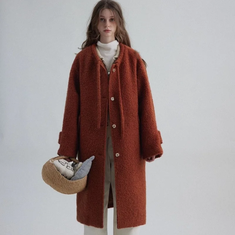 

Winter New Arrival Women'S Medium-Length Wool Blazer Christmas New Year Battle Dress Loose Slimming Bow Tie Belted Coat Trendy