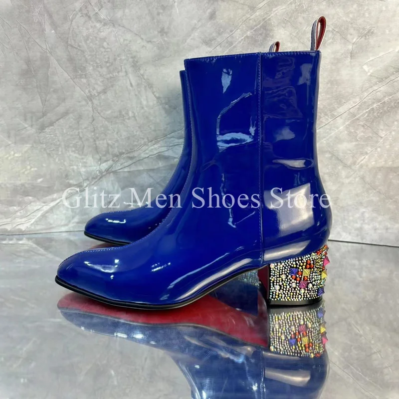 Stivaletti da uomo in pelle verniciata blu con strass colorati con cerniera a punta quadrata piccola moda scarpe fatte a mano in stile britannico