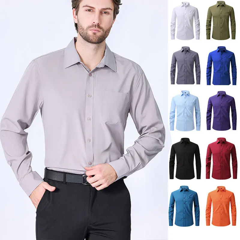 American size men\'s long sleeve shirt big size spring/summer thin solid color free iron breathable high quality business casual