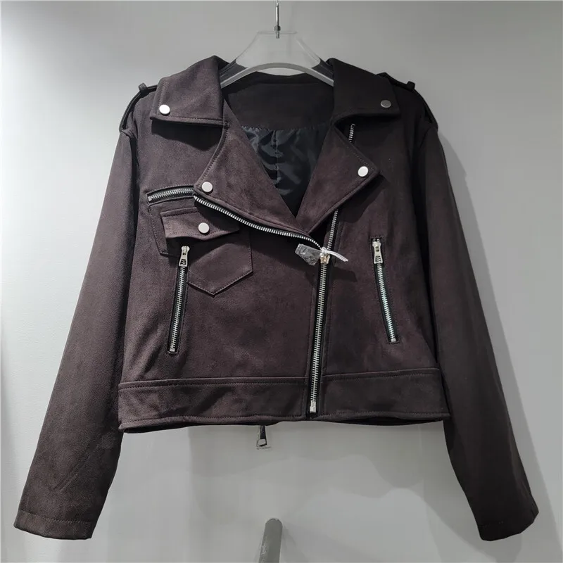 WTHT 패션 트렌디 여성 빈티지 지퍼 디자인 PU 가죽 오토바이 재킷 2025 여름 라펠 긴팔 코트 여성 1LS2123