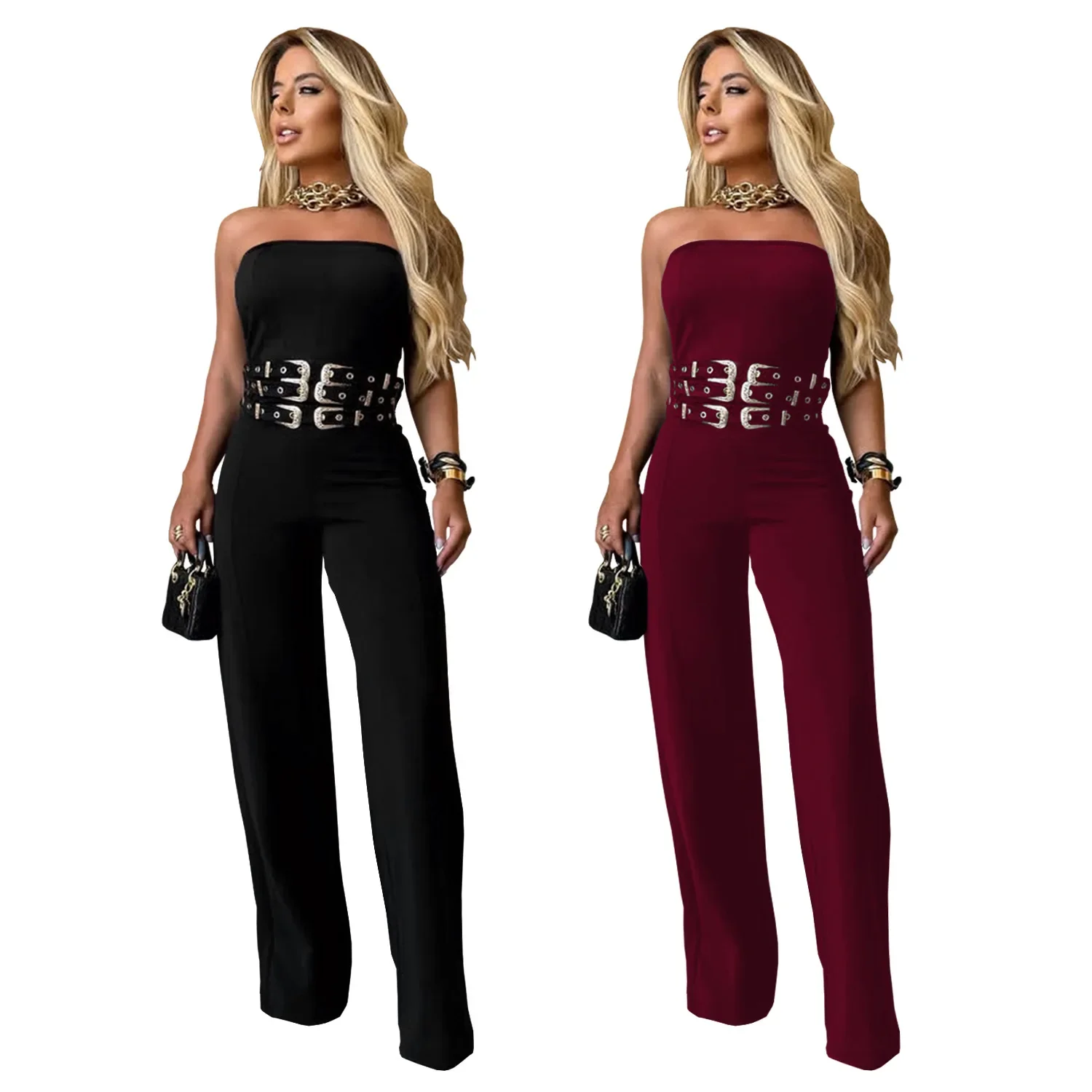 

Glamours Off Shoulder Strapless Buckle Jumpsuits Sexy Rompers Luxury Birthday Outfits Metal Night Out Overalls Clubwear