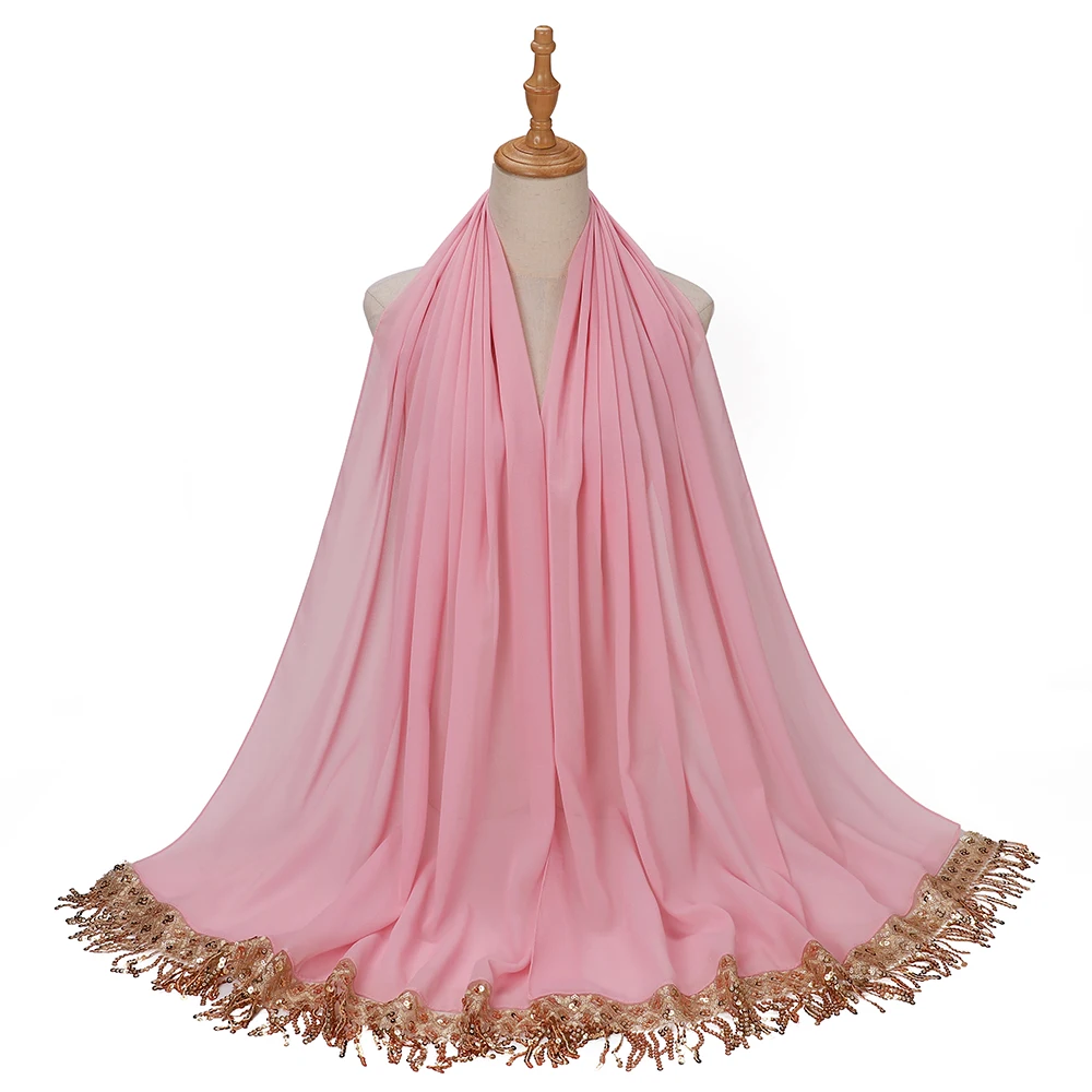 Neuer Pailletten-Quasten-Hijab Luxuriöse Chiffon-Schals Muslimischer Hijab Schlichte Lange Schals Damen Kopftuch Stirnband – Detail 7