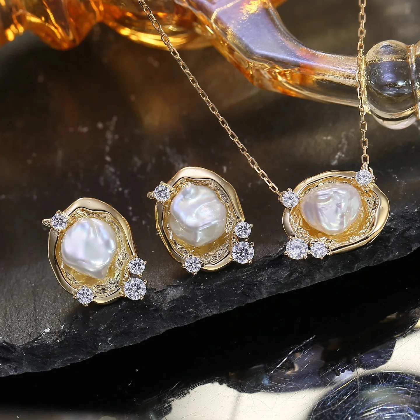 MeiBaPJ 8mm Natural Baroque Pearls Jewelry Set 925 Silver Pendant Earrings Fine Wedding Jewelry for Women