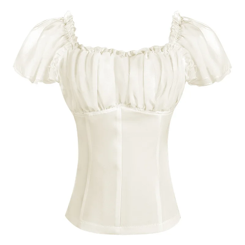 قميص نسائي صيفي جديد أوروبي أمريكي لعام 2025 مثير بدون أكتاف ، قميص نسائي بلون واحد وأكمام فقاعية #5