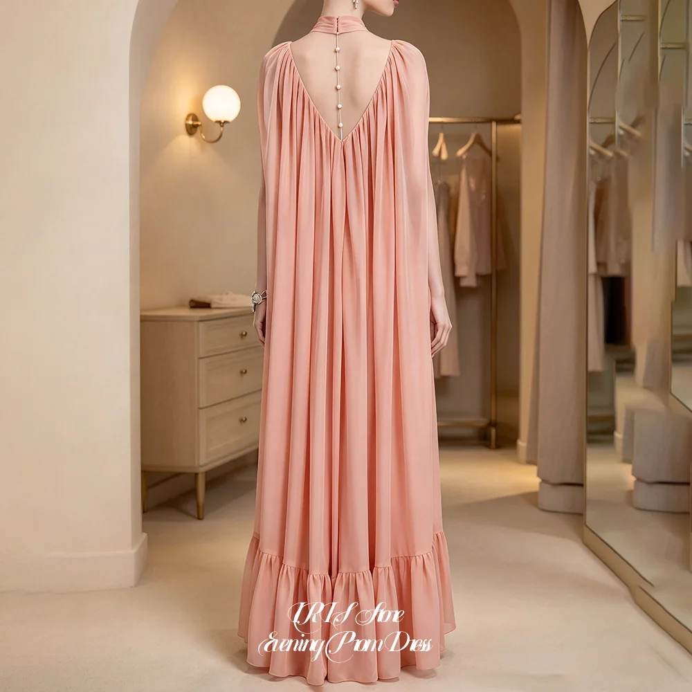 IRIS Elegant High Neck Wrap Choker Cape Sleeve Deep V Back Pearl Button Pleated Chiffon Ruffle Hem Robes Evening Gowns for Women