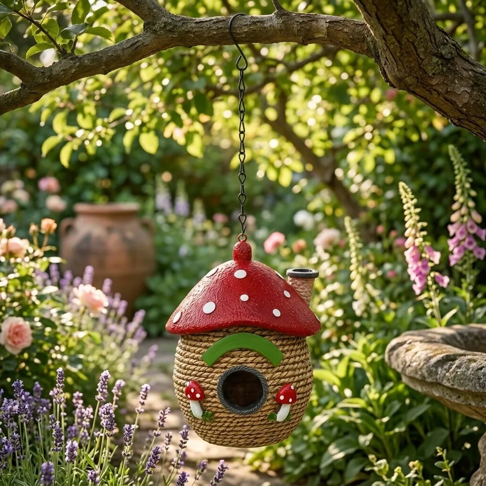 Mushroom Style Outdoor Bird Shelter with Hanging Chain Woven and Circular Opening 10 13.5 19cm Synthetic Resin Build