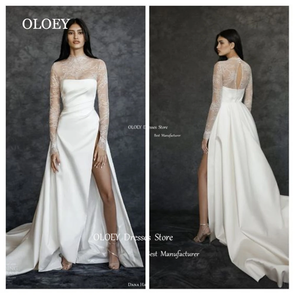 

OLOEY Simple Ivory Satin Wedding Dress Left High Slit Lace Sleeves Bridal Gown High Neck A Line Button Zipper Back Custom Made