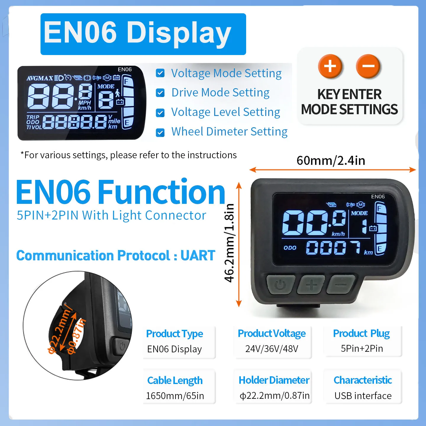 JN EN06 Communication Protocol No.2 Electric Bicycle LCD Display Instrument with USB Interface Mountain Bike Scooter Waterproof image 5