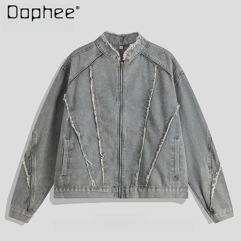 

Spring and Autumn American Retro Street Biker Style Men's Deconstructed Raw Edge Washed Blue Loose Casual Denim Jacket