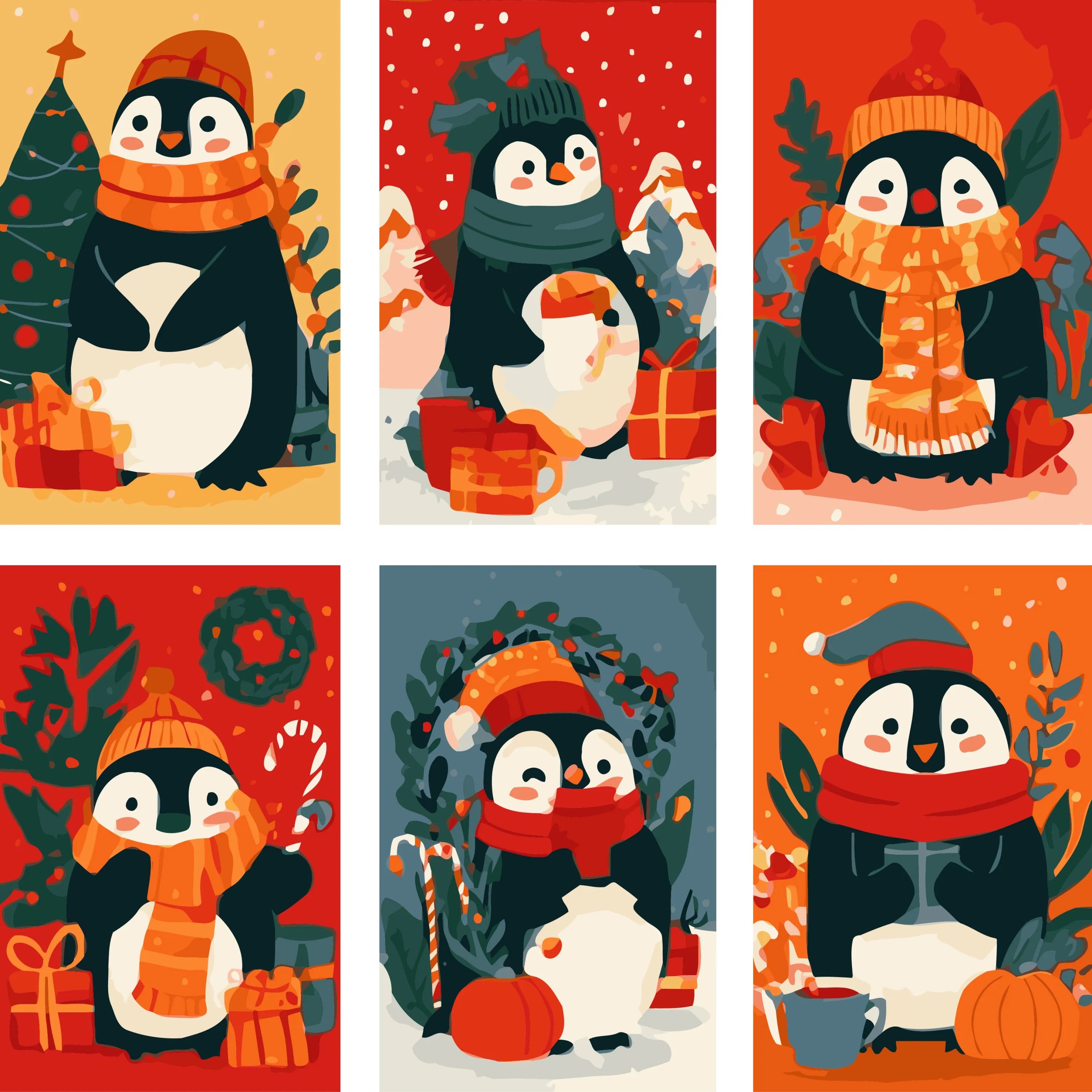6 pieces of DIY coloring paintings featuring penguins, pumpkins, Christmas and scarves, suitable for home wall decoration.