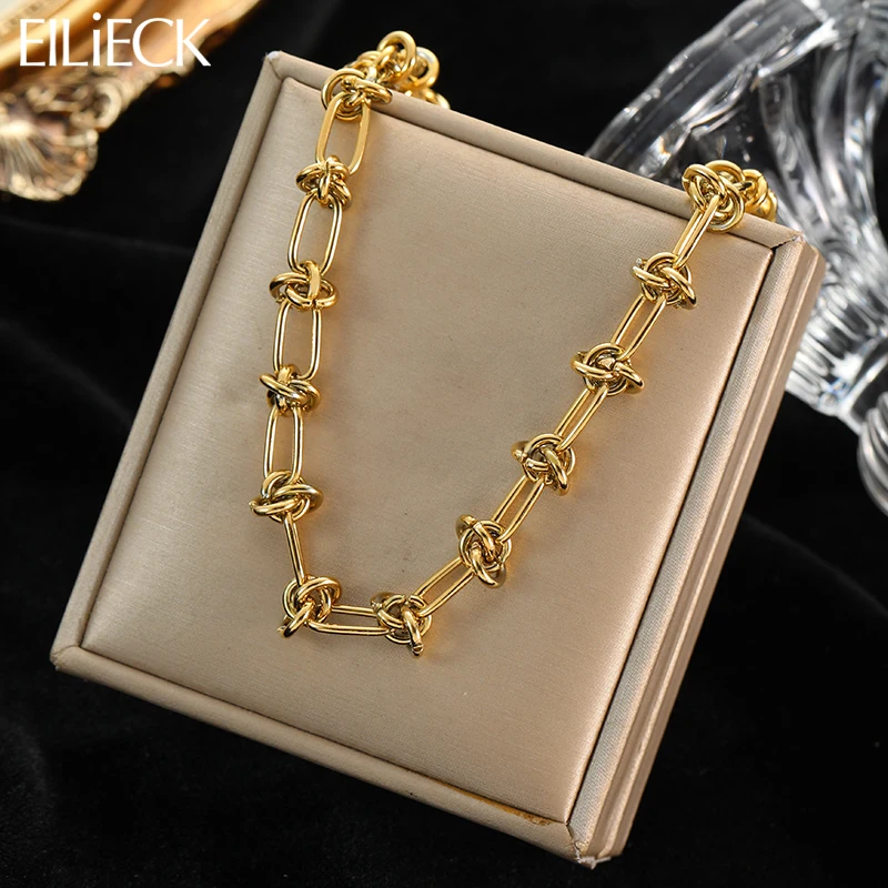 EILIECK 316L Stainless Steel Creative Knotted Metal Necklace Women High Quality Rust Proof Link Chain Waterproof Charm Jewelry