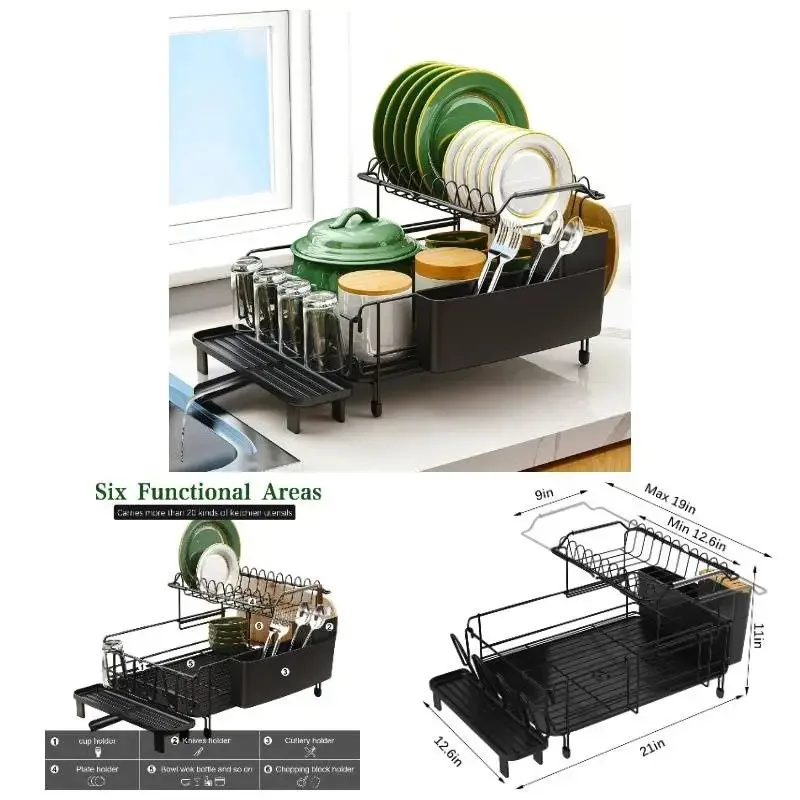 Large Expandable 2-Tier Dish Drying Rack with Drainboard Set, Extendable Dish Drainer with Utensil & Cup Holders, Space-Saving