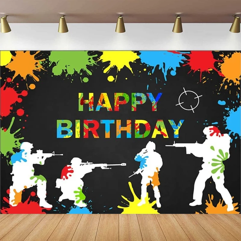 Paintball Photography Backdrop Happy Birthday Party Paintball Theme Decoration Background Colorful Splash Shooting Game  Banner