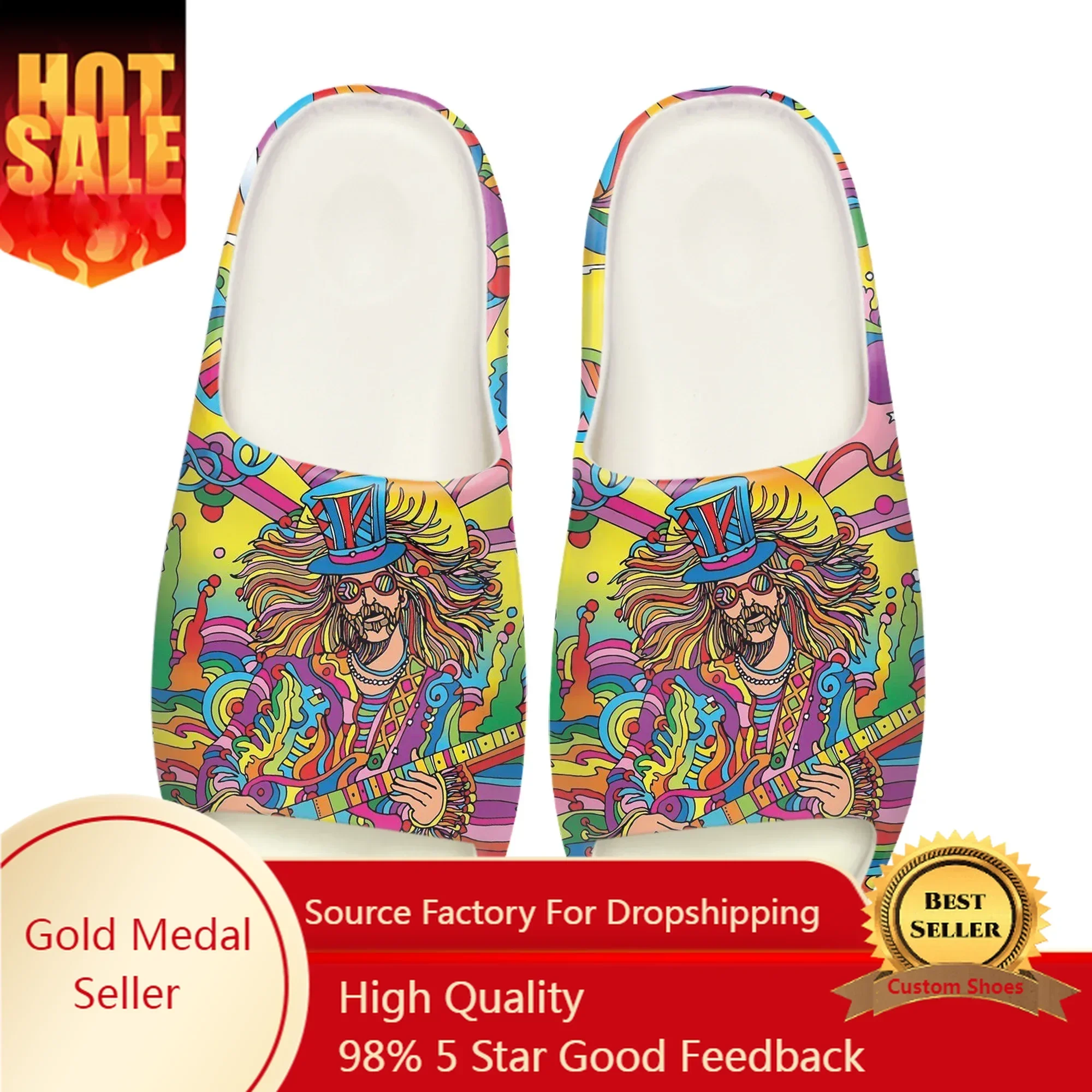 

Colorful Guitar Hippie Rock Soft Sole Sllipers Home Clogs Step on Shoe Mens Womens Teenager Custom Made on Shit Beach Sandals