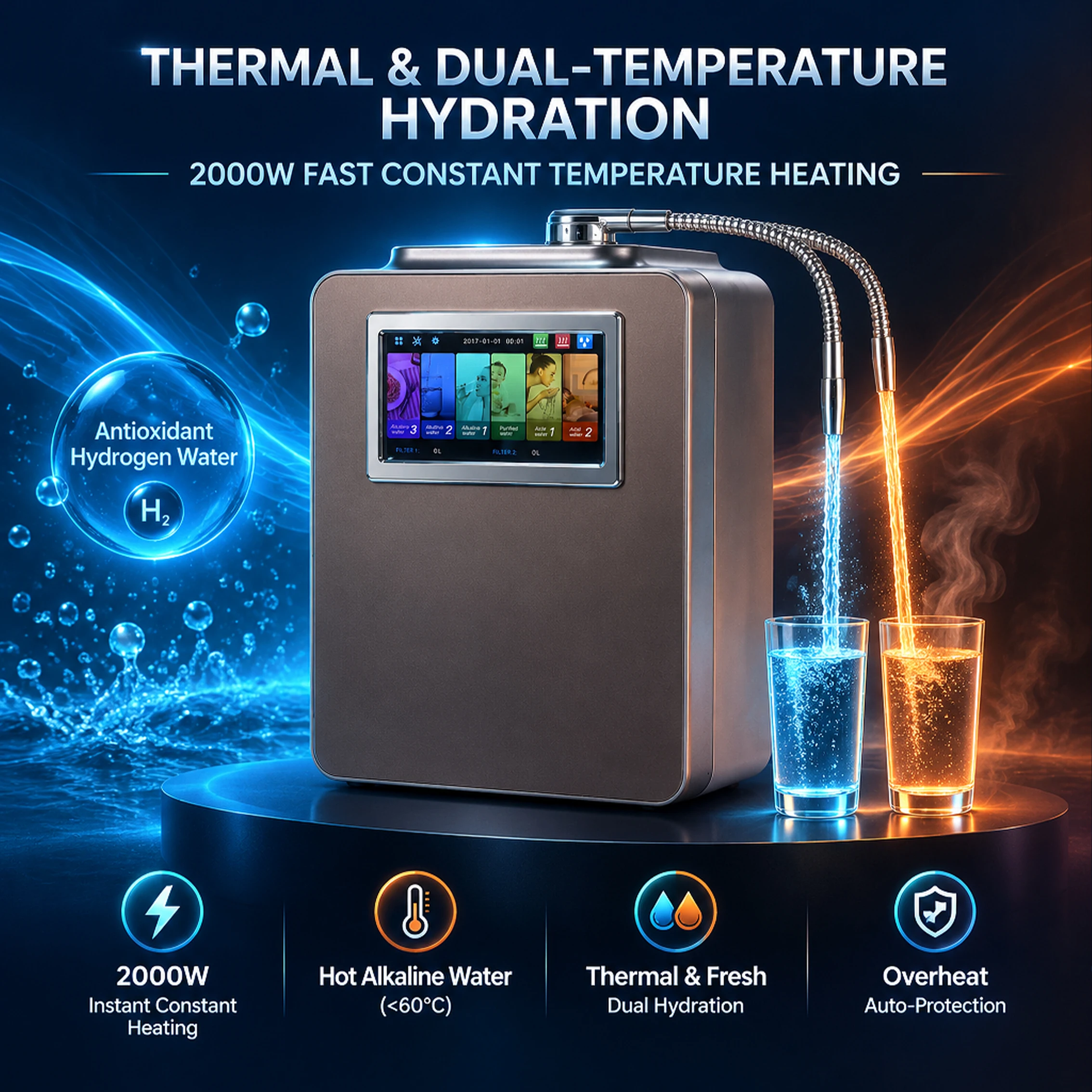 Alkaline Water Ionizer Machine, Hydrogen Rich Generator, pH 2.8-11.2 Dual Filter Instant Heating Desktop Electrolyzer for Home