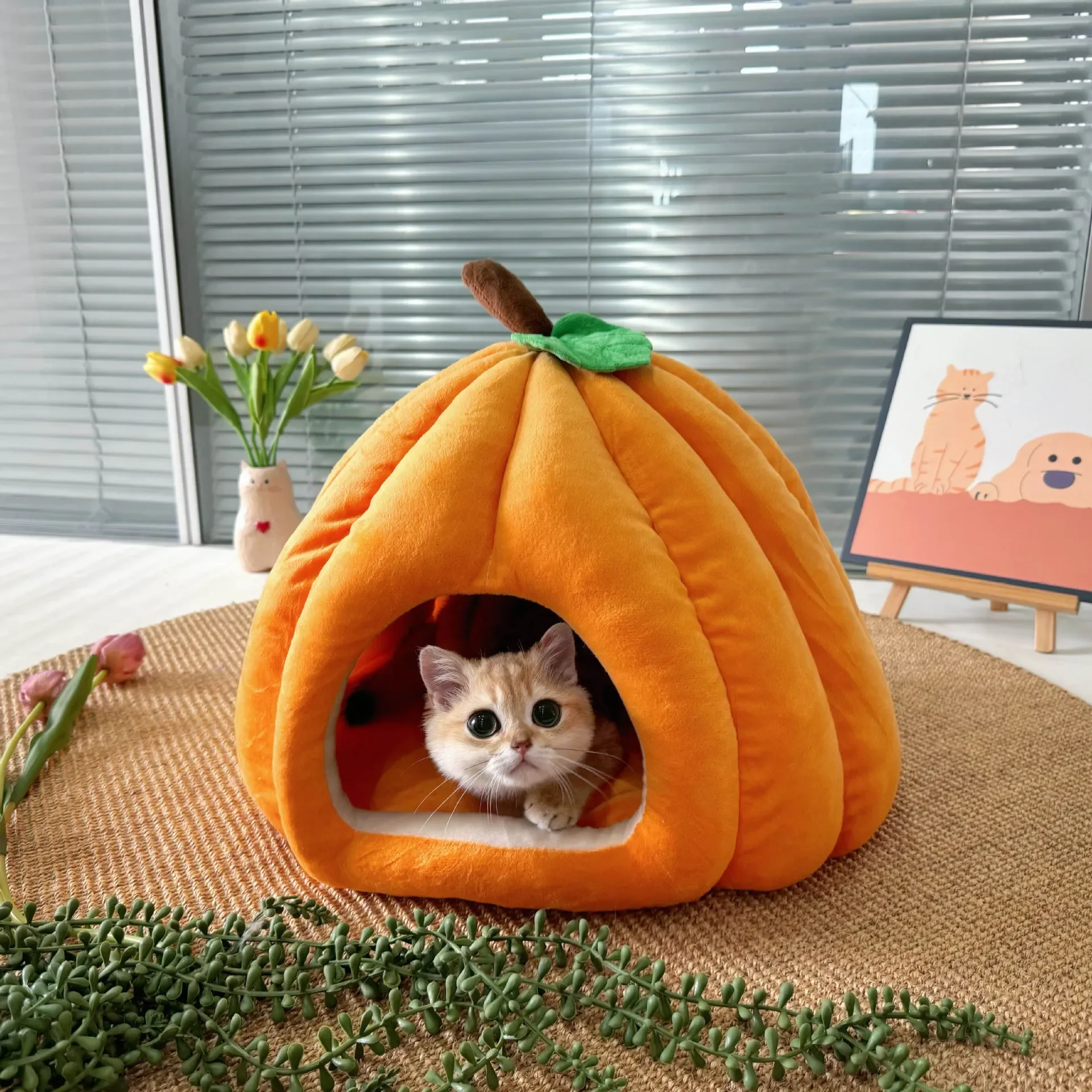 Cute Indoor Pumpkin Cat House | Warm Semi - Enclosed Cave Bed with Removable Cushion for Cats & Small Dogs