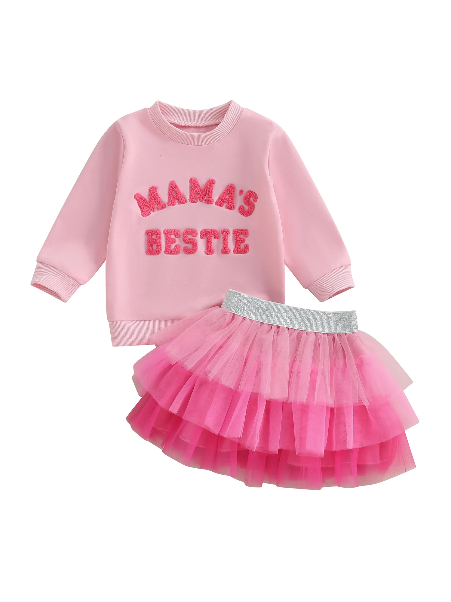 

Girls 2-Piece Outfit Long Sleeve Embroidered Sweatshirt with Layered Tulle Skirt Set for Kids Letter Detail