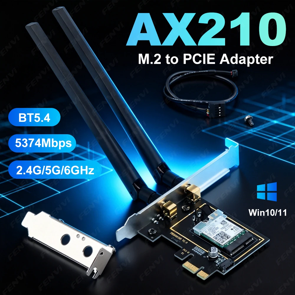 AX210 WiFi 6E M.2 to PCIe Adapter Wireless Card Tri-band 2.4G/5G/6GHz BT 5.4 with Antenna Bracket for Desktop PC Windows 10/11