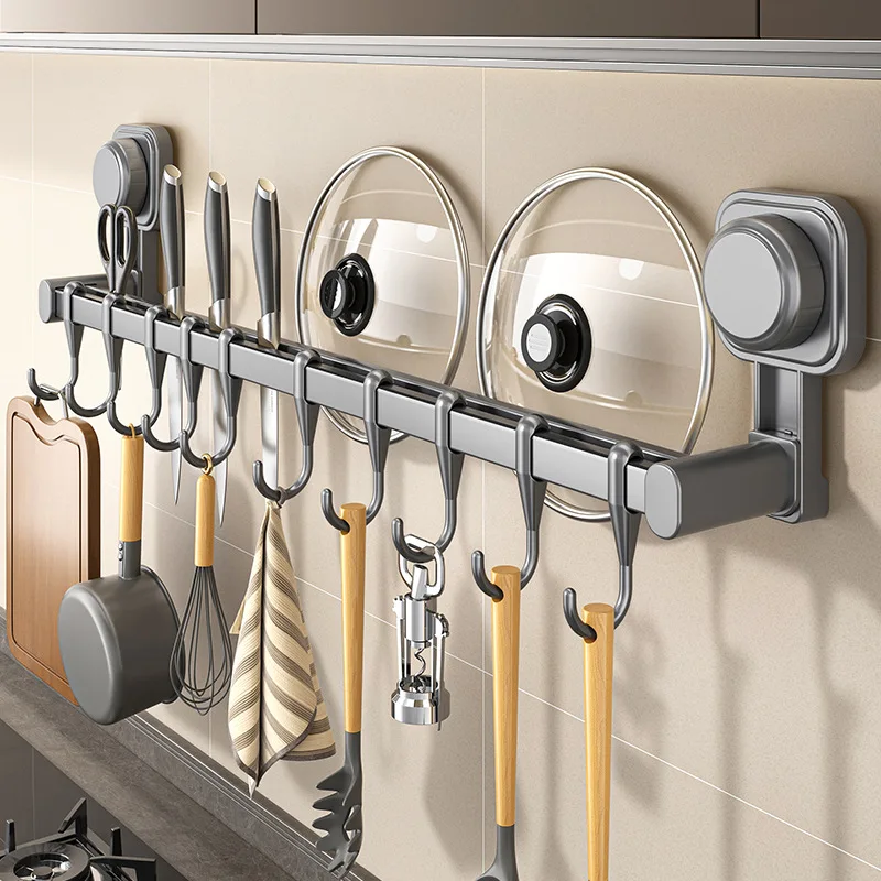 Multifunctional Suction Cup Kitchen Rack Wall Mounted Hook Organizer No Drilling for Pots Pans Spoons Knives Storage