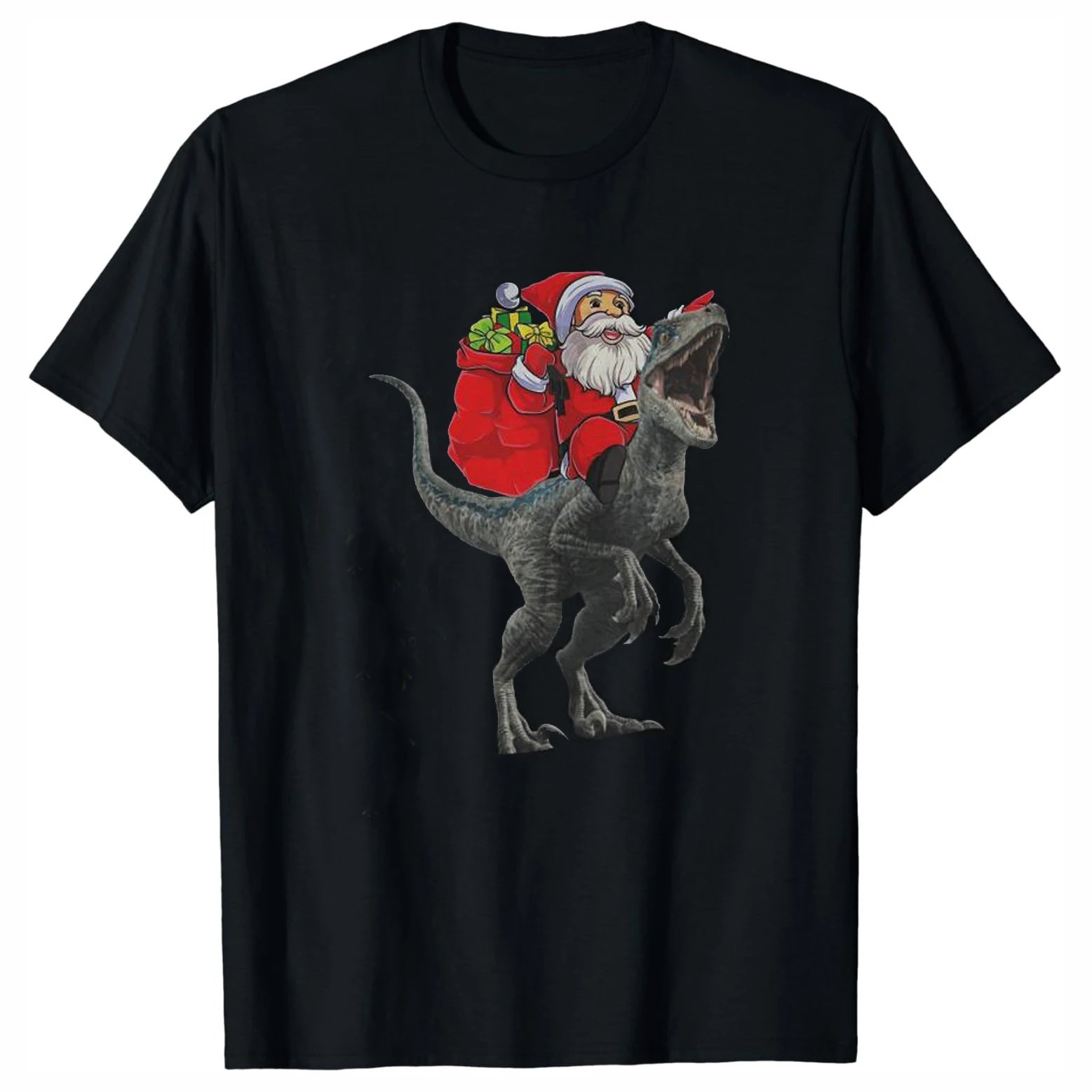 Santa Claus Riding A Velociraptor Christmas Dinosaurs T-Shirt 100% Cotton O-Neck Short Sleeve Casual Mens T-shirt Size S-3XL