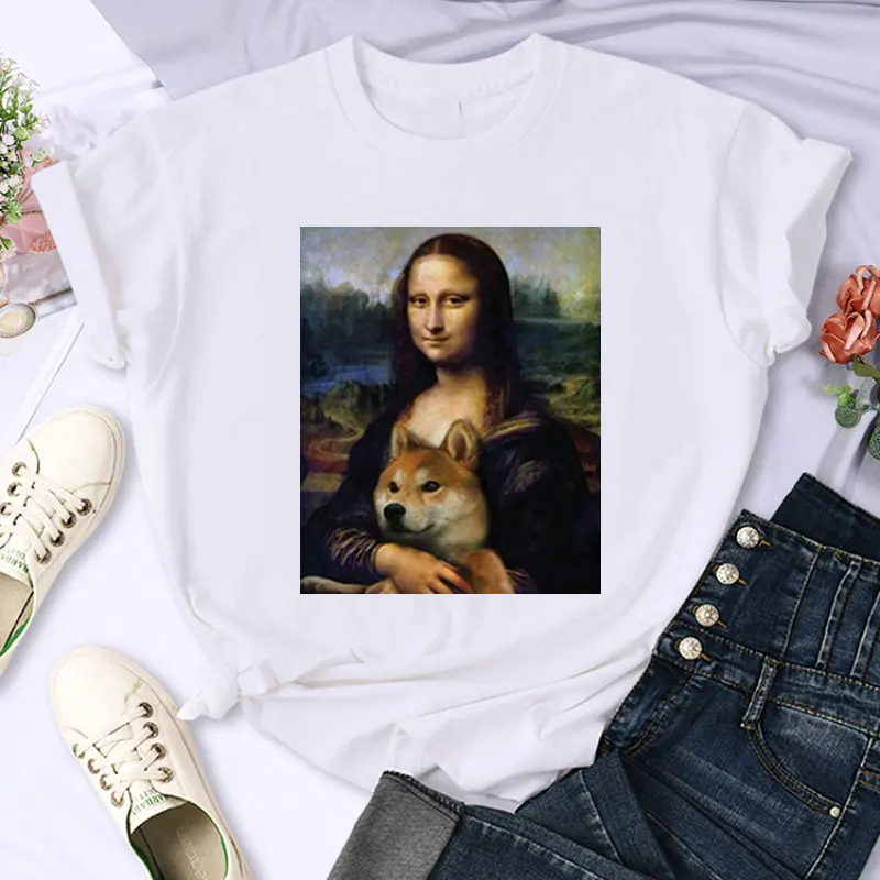 Mona Lisa feminina pintando camiseta estampada, camiseta engraçada de gato, tops com gola O, estilo bonito de humor, verão