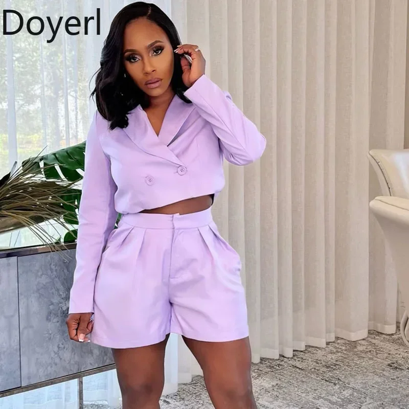 Doyerl Office Lady Short Sets Woman Clothing 2 Pieces Set Elegant Double-breasted Blazer Coat and Shorts Work Wear Matching Sets