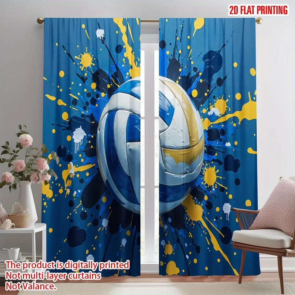 Volleyball Curtains, Blue Yellow Splash Graphic Window Drapes, Sports Theme Decor, Blackout Fabric for Boys Bedroom