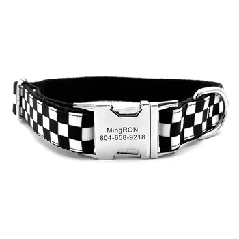 Coleira personalizada para animais de estimação, cubo branco e preto, legal, durável, nome de cachorro, etiqueta de identificação, ajustável, coleira básica para cães
