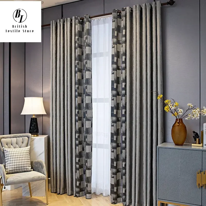 Modern Gray Bird Grid Stitching Blackout Jacquard Curtains for Living Room Bedroom Dining Luxury Window Drapes Shading Custom
