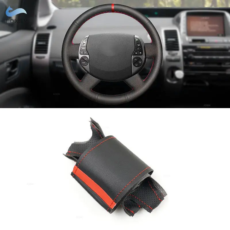 For Toyota Prius 20 XW20 2004 2005 2006 2007 2008 2009 Hand stitched Car Steering Wheel Cover Leather Trim Black with red strip