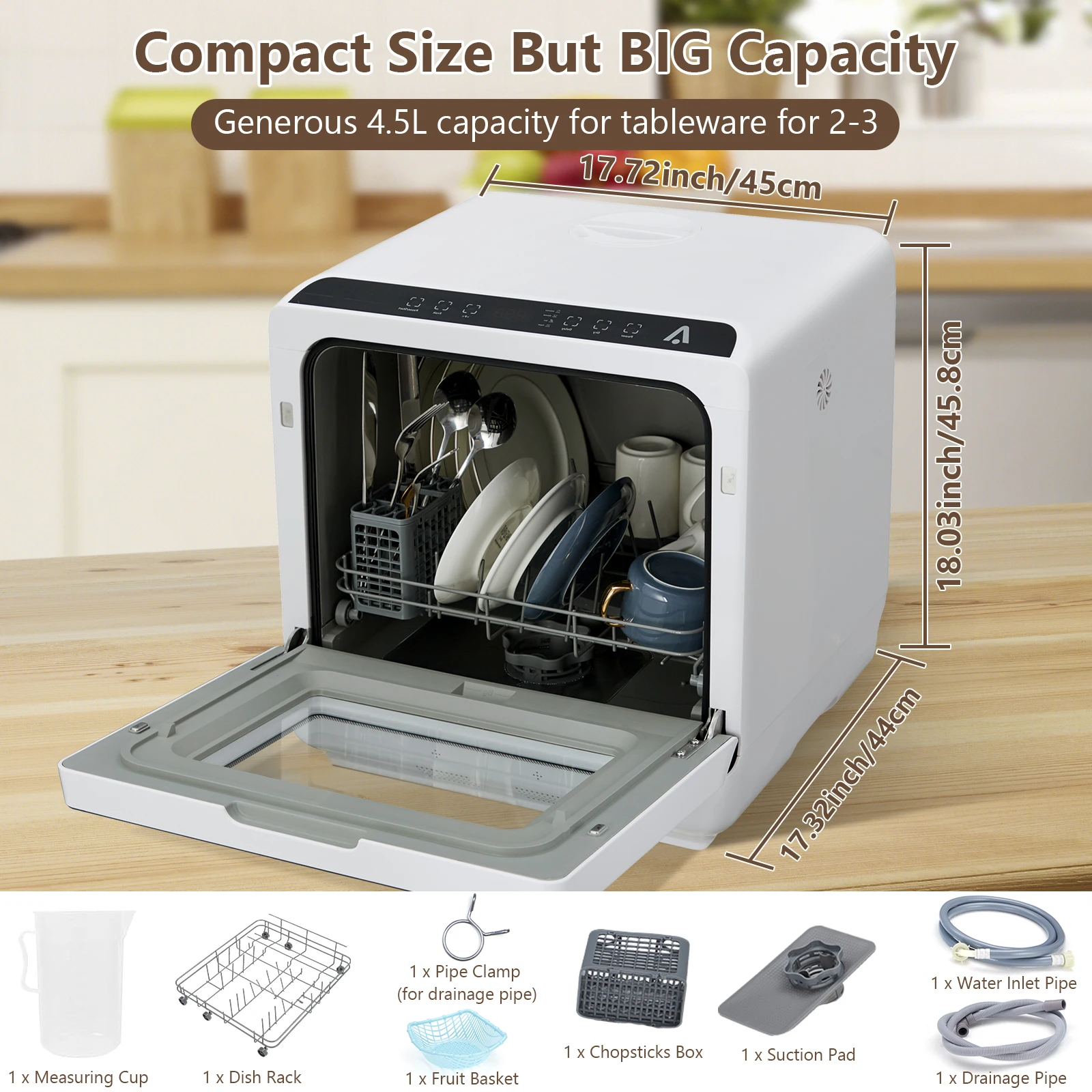 Countertop Dishwasher, Portable Dishwasher with 5 Washing Programs, Compact Dishwasher Glass Door, Rapid & Fruit Wash, 5L Water