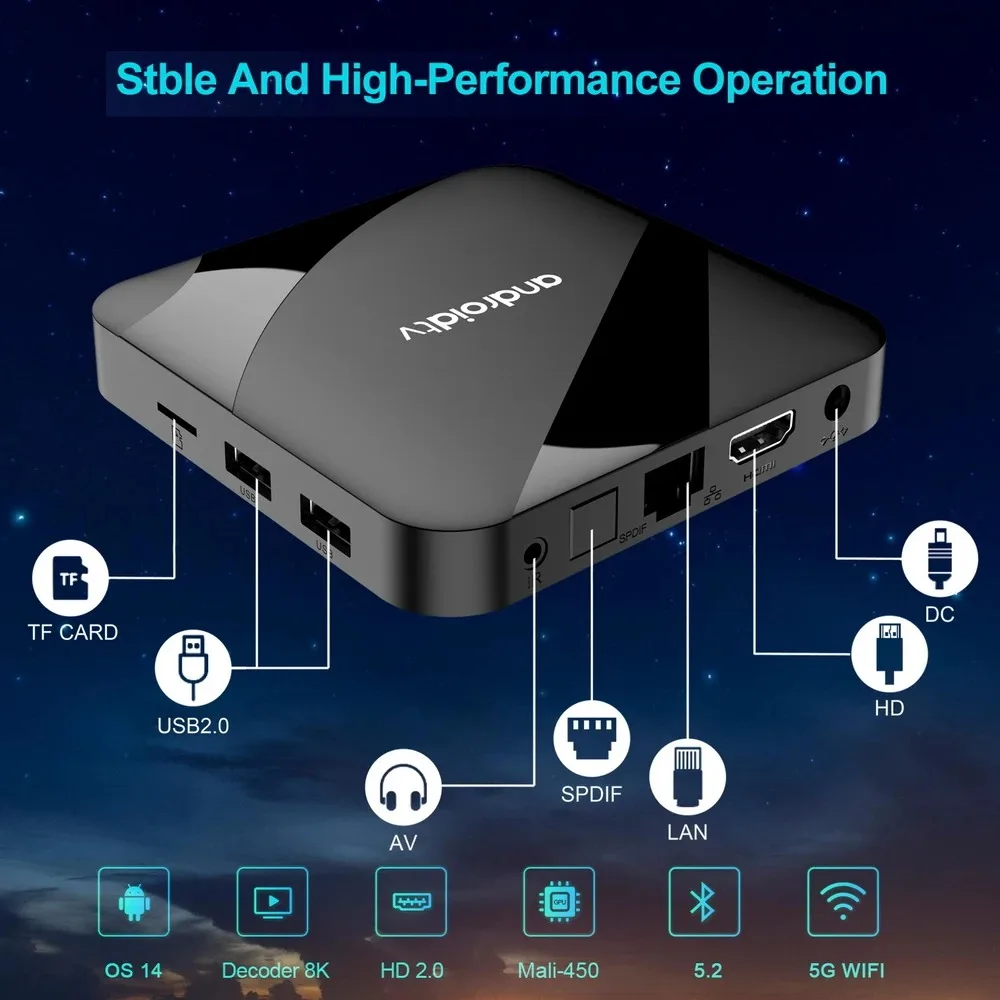 Bluetooth 5.2 ATV Android 14 TV Box 4GB 64GB AV1 S905W2 Quad Core 2.4G & 5G double WIFI lecteur multimédia vocal à distance 8K 4K décodeur
