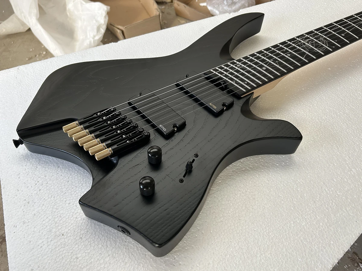 High Quality Headless Fanned Frets Right Handed 7 Strings Electric Guitar Active Pickups Ebony Fretboard Ash Body Customizable