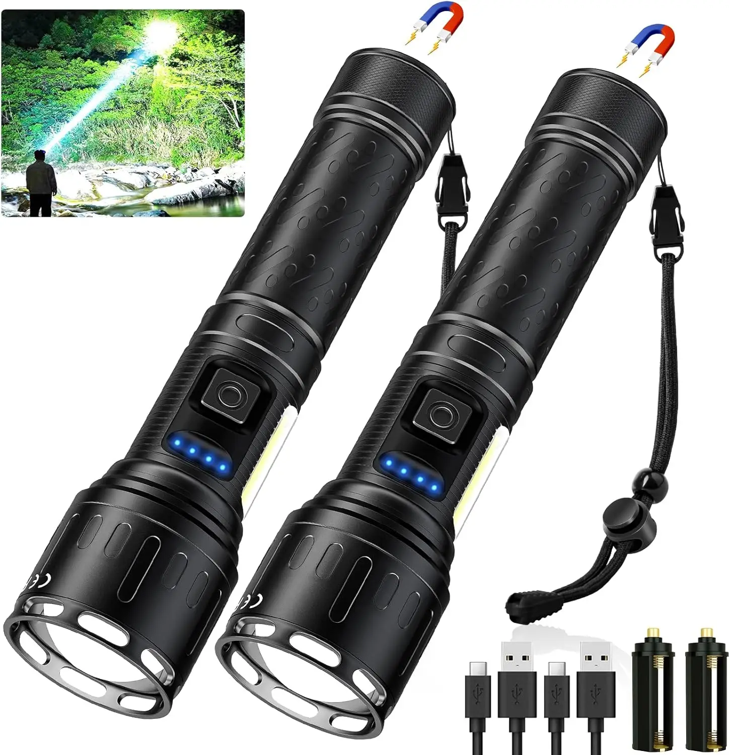 

Rechargeable Magnetic Flashlight 8 Modes, High Lumens LED with COB Work Light, Waterproof for Camping (2 Pack Black)