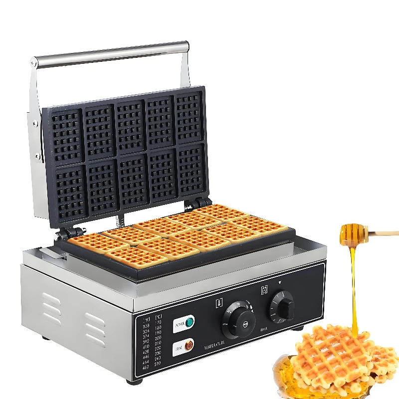 Commercial Stainless Steel Rectangle Waffle Maker 10-Piece Non-Stick Industrial Belgian Portable
